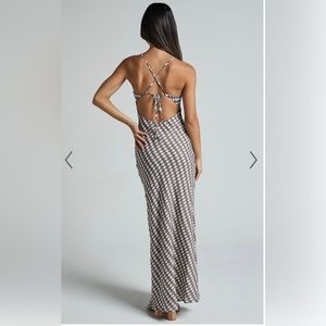 HONEY MIDI DRESS - CUT OUT CROSS TIE BACK SLIP DRESS IN BROWN AND WHITE GEO